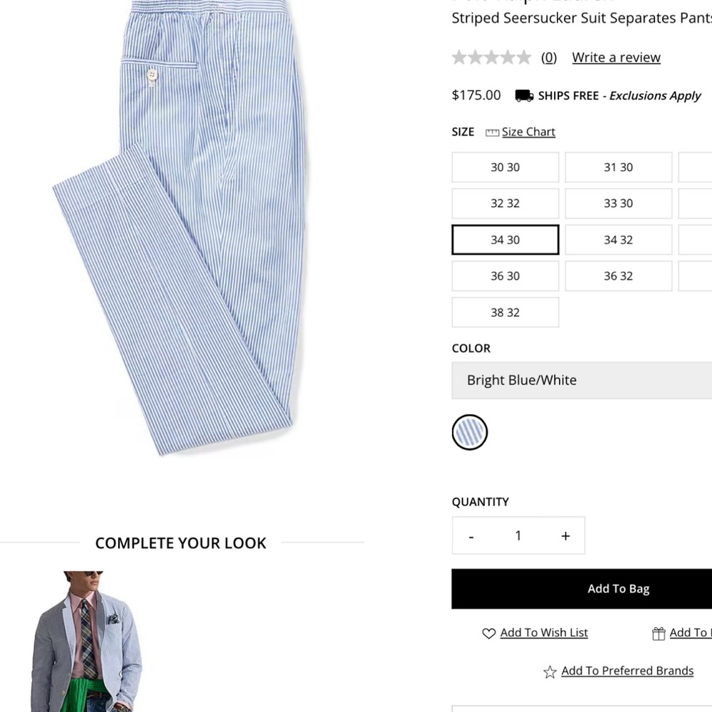 Ralph Lauren polo Light Blue and White Striped Seersucker Pants